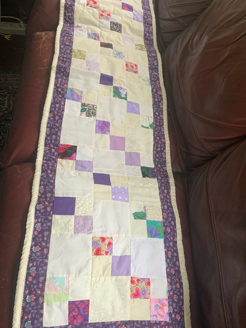 Handmade Purple Patchwork Table Runner | 68x15 Quilted Dresser Scarf Cottagecore